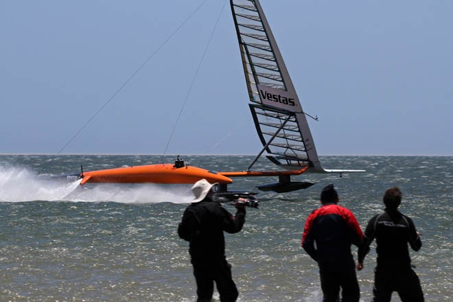 Malcolm and Geroge watching VSR2 power past. For Malcolm, this is a lifelong dream ©  Helena Darvelid/VestasSailrocket http://www.sailrocket.com/
